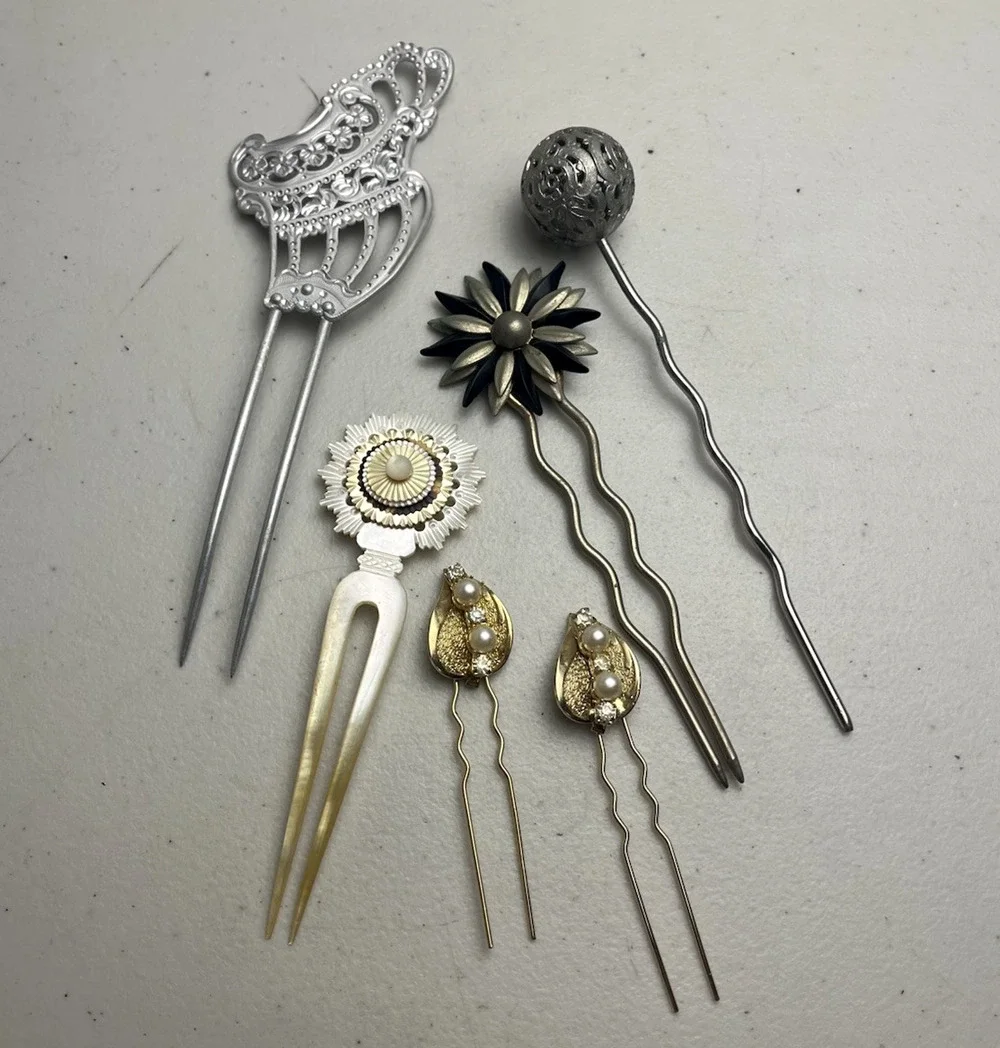 Hair Pin Stick Lot Victorian Style Filigree Ball Flower Mother Of Pearl 6 Pieces